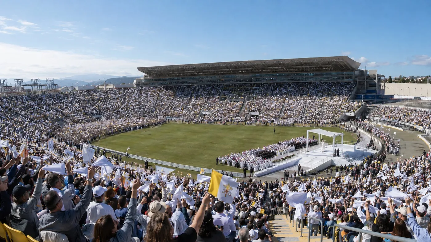 Estadio de Gran Canaria lleno de fieles durante una misa papal, con el altar y la grada al fondo