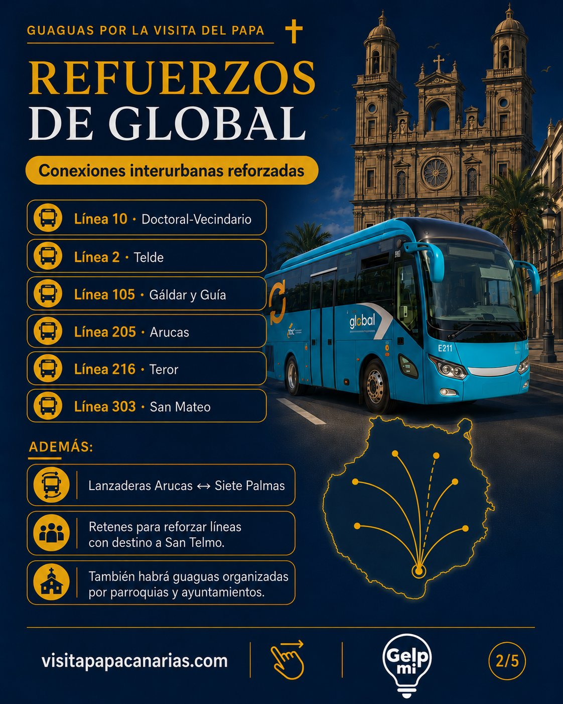 Refuerzos de Global: líneas 10, 2, 105, 205, 216 y 303 y lanzaderas Arucas-Siete Palmas