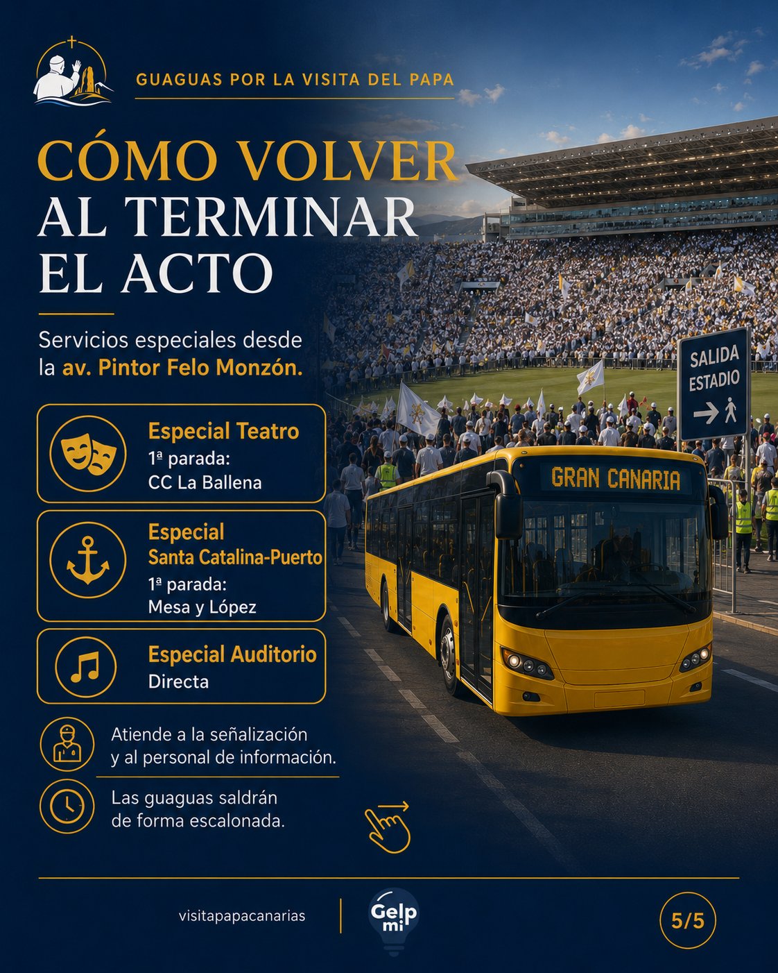 Cómo volver al terminar la misa del Papa: especiales Teatro, Santa Catalina-Puerto y Auditorio desde av. Pintor Felo Monzón