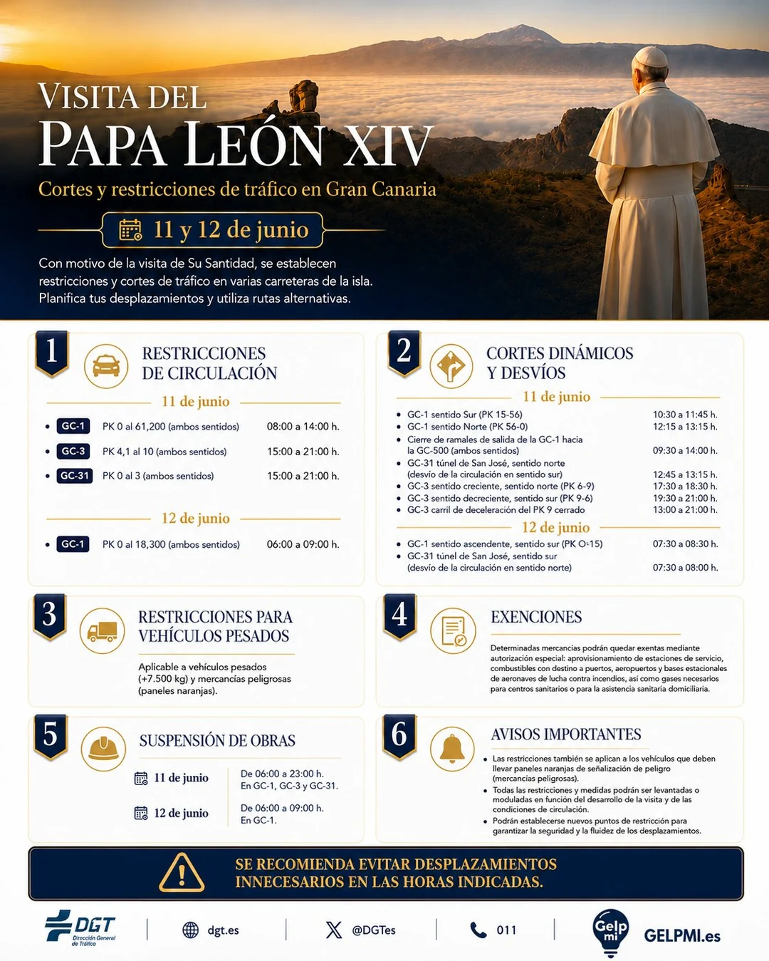 Infografía con los cortes y restricciones de tráfico en Gran Canaria por la visita del Papa: GC-1, GC-3 y GC-31, días 11 y 12 de junio