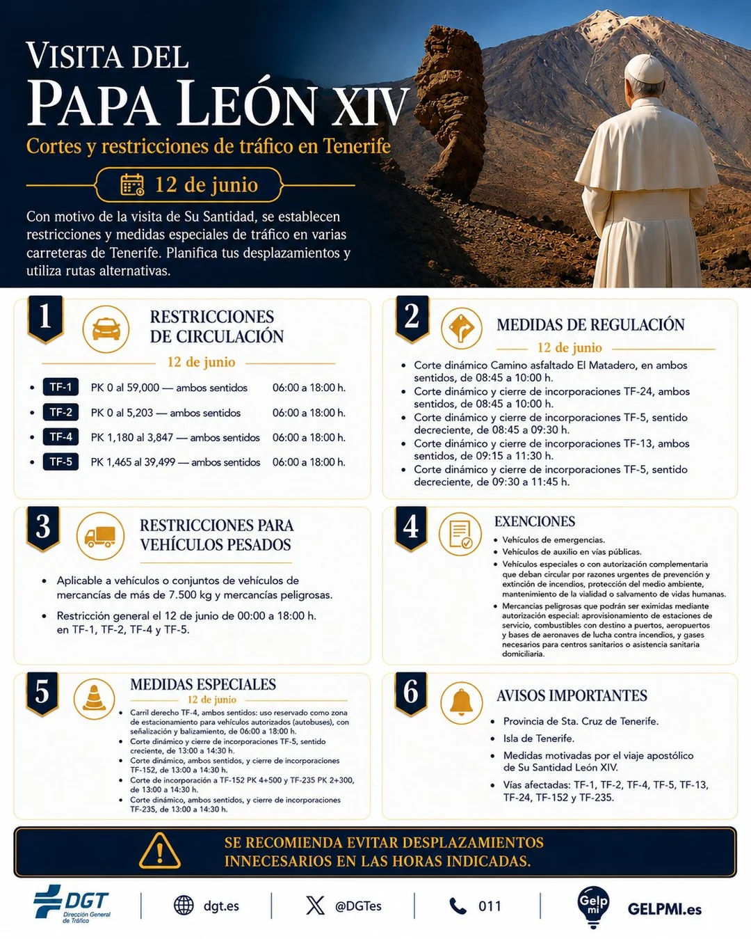 Infografía con los cortes y restricciones de tráfico en Tenerife por la visita del Papa: TF-1, TF-2, TF-4, TF-5, TF-13, TF-24, TF-152 y TF-235 el 12 de junio