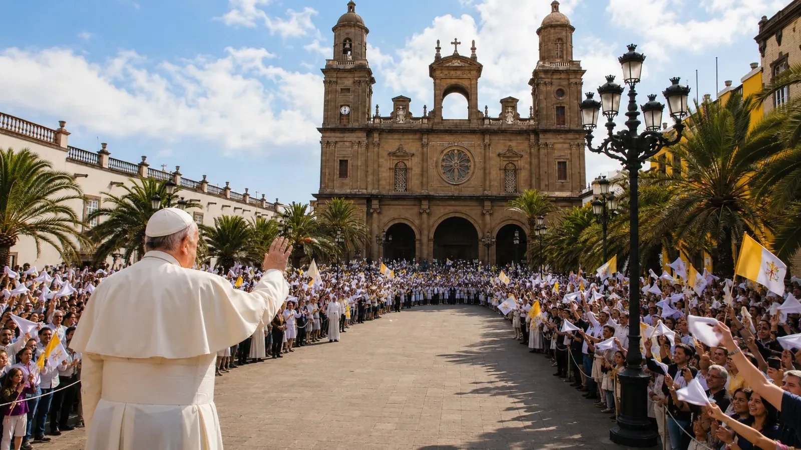 El Papa León XIV saluda a los fieles frente a la Catedral de Santa Ana en Las Palmas de Gran Canaria