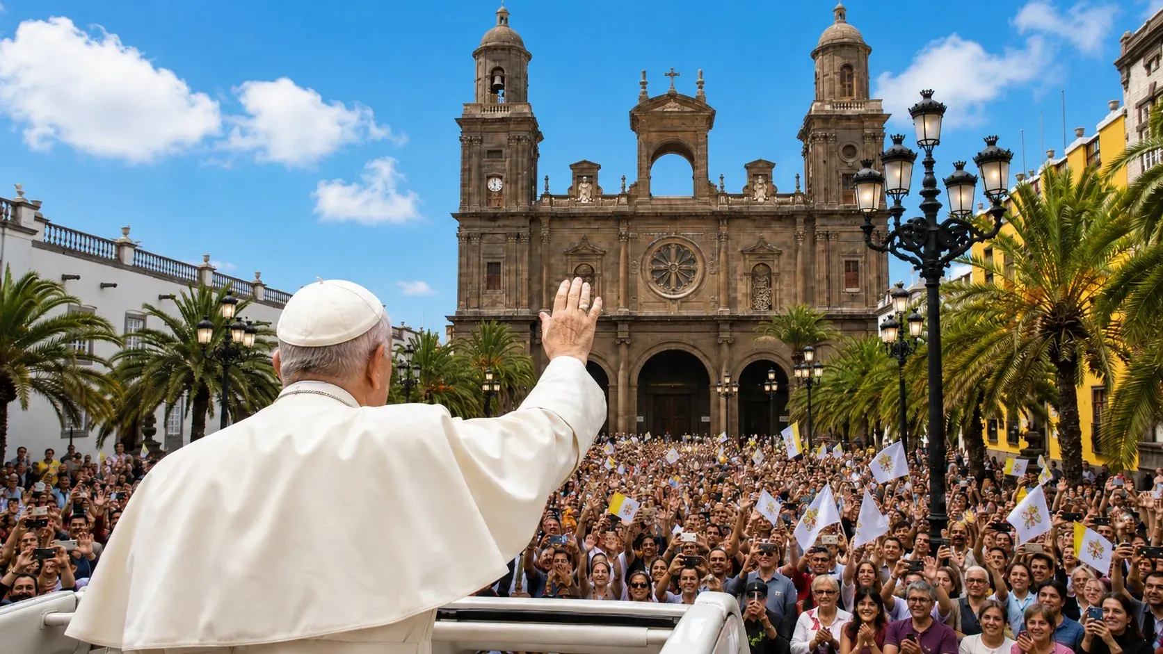 El Papa saluda frente a la Catedral de Santa Ana en Vegueta, Gran Canaria