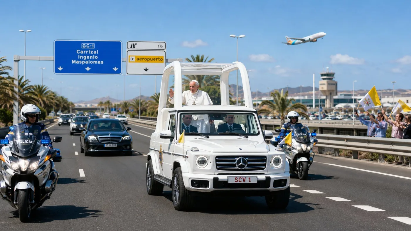 El papamóvil circulando por la autovía GC-1 escoltado por la policía, con señalización hacia Maspalomas y el aeropuerto